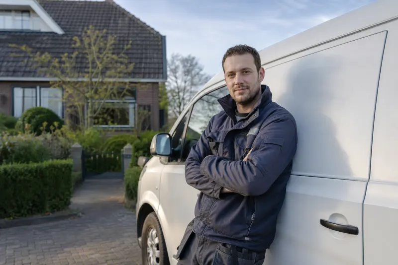 Vakman bij zijn bus voor een Nederlandse woning
